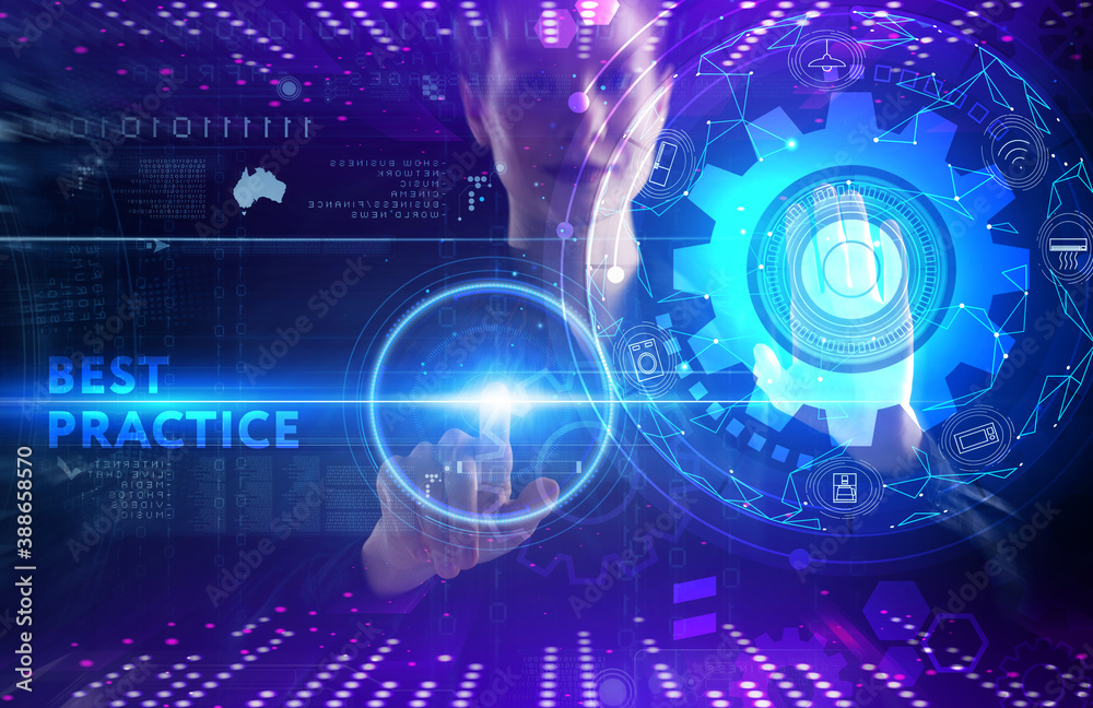Business, technology, internet and network concept. Young businessman thinks over the steps for successful growth: Best practice Business, technology, internet and network concept. Young businessman thinks over the steps for successful growth: Best practice