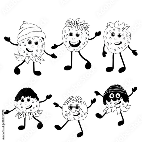 Cute strawberry vector with eyes, hands and feet black and white line. Funny berries, talisman. Illustration for printing, print on fabric, clothing, children's design, juice, marmalade 