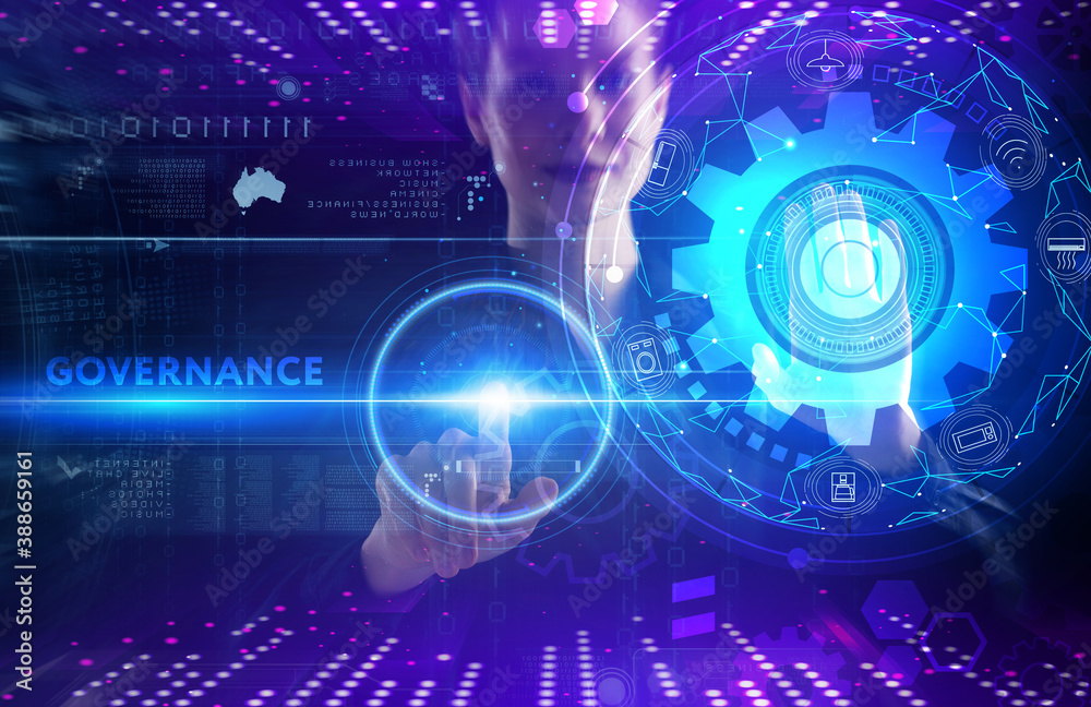 Business, technology, internet and network concept. Young businessman thinks over the steps for successful growth: Governance Business, technology, internet and network concept. Young businessman thinks over the steps for successful growth: Governance