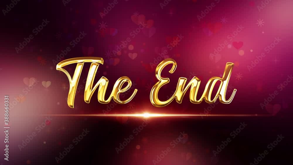 The end golden text with beautiful flare light glowing and heart star flake particles flow effect. 4K 3D rendering seamless loop Video cover The End for your title trailer for ending movies. The end golden text with beautiful flare light glowing and heart star flake particles flow effect. 4K 3D rendering seamless loop Video cover The End for your title trailer for ending movies.