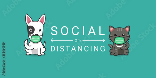 Covid-19 protection concept cartoon character dog and cat wearing protective face mask social distancing for design.