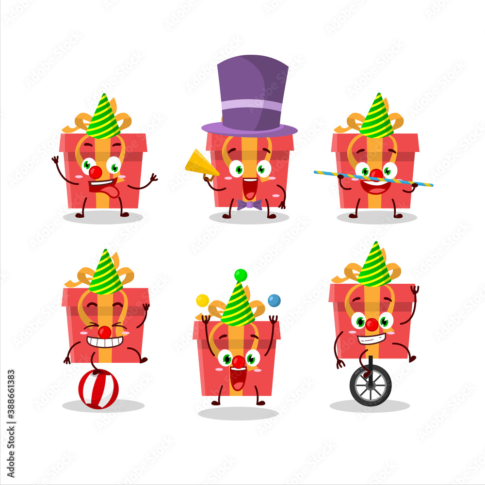 Cartoon character of red christmas gift with various circus shows Cartoon character of red christmas gift with various circus shows
