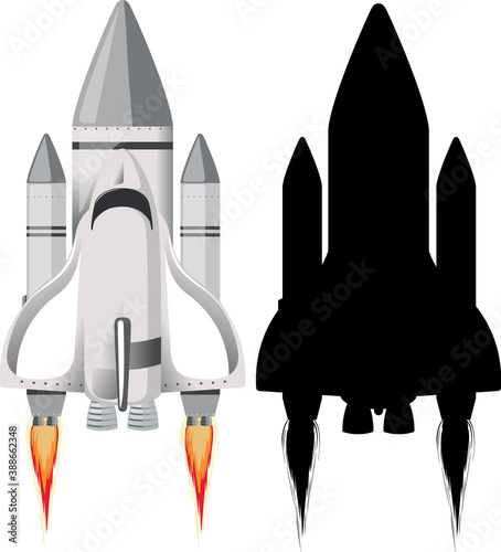 Rocket with its silhouette on white background