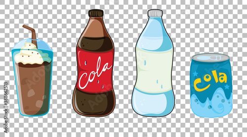 Set of different types of soft or sweet drinks isolated on transparent background