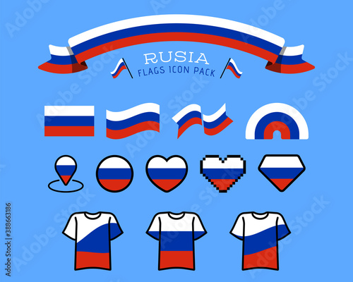 Big set of label, stickers, pointer, badge, symbol and page curl with Russia flag icon on design element. Collection vector illustration. Isolated on white background.