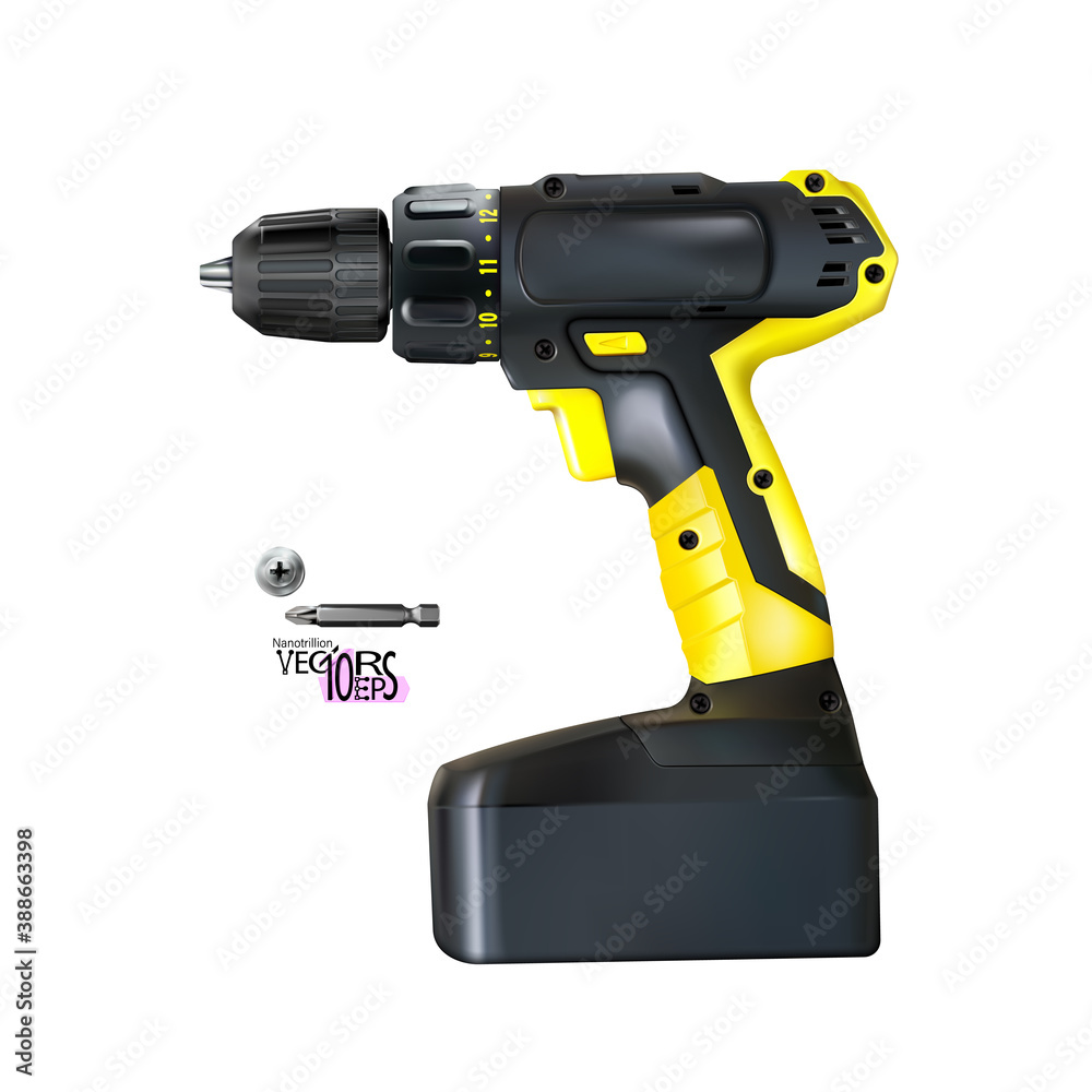 Yellow black realistic cordless drill professional tool isolated on white background. Construction and metalworking. Vector illustration Yellow black realistic cordless drill professional tool isolated on white background. Construction and metalworking. Vector illustration