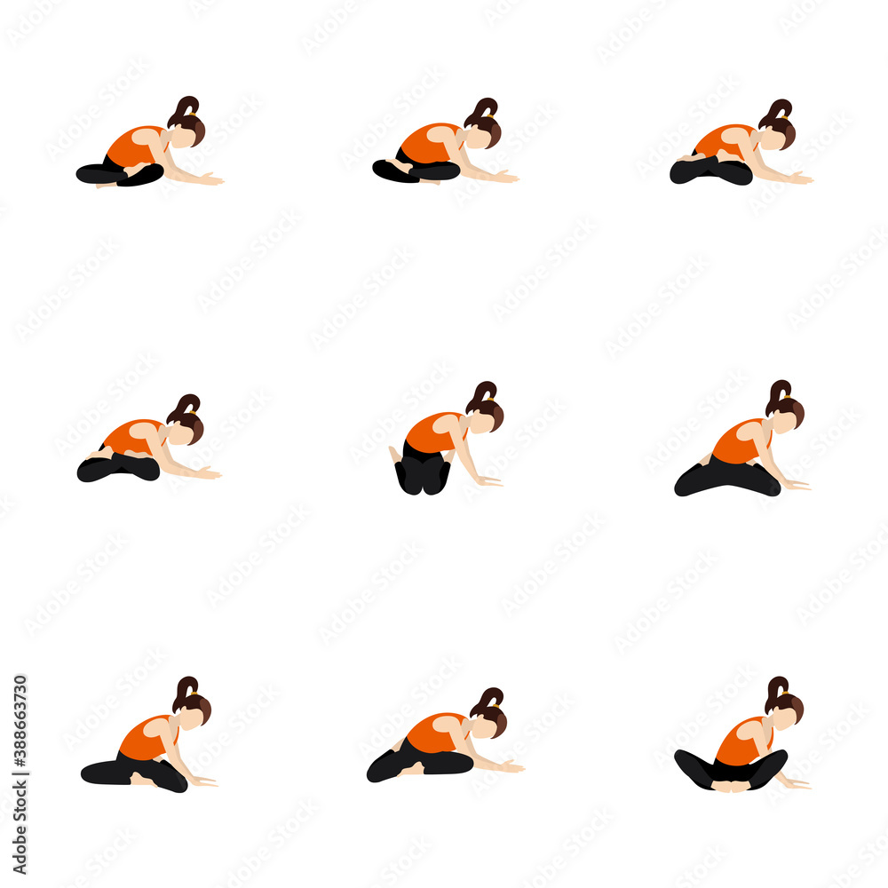 Seated side lean and twist yoga asanas set / Illustration stylized woman practicing butterfly, lotus and other poses with side lean and twist 