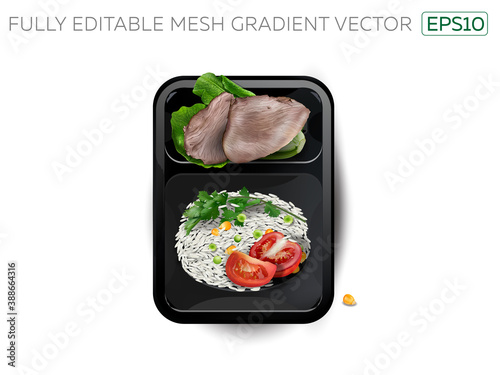 Boiled meat with rice and vegetables in a lunchbox.