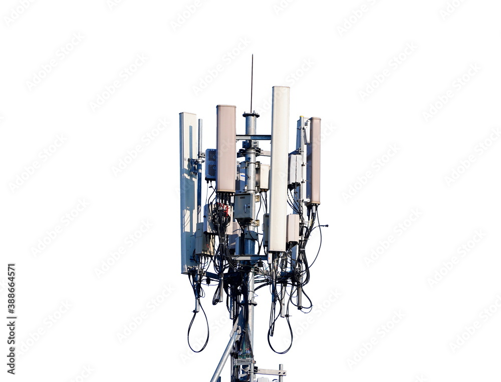 Telecommunication tower of 4G and 5G cellular. Base Station or Base Transceiver Station. Wireless Communication Antenna Transmitter. Telecommunication tower with antennas isolated on white background. Telecommunication tower of 4G and 5G cellular. Base Station or Base Transceiver Station. Wireless Communication Antenna Transmitter. Telecommunication tower with antennas isolated on white background.