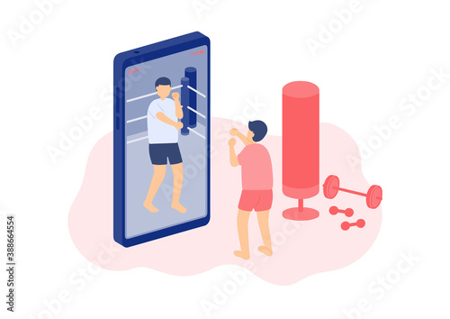 Social distancing stay at home, Miniature tiny people boxing online class, E-learning smartphone application concept Poster or social banner design illustration on white background, copy space vector