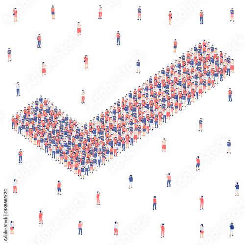 Check mark sign from Miniature crowd group, Internet broadband social network technology for people concept Poster or social banner design illustration on white background with copy space, vector