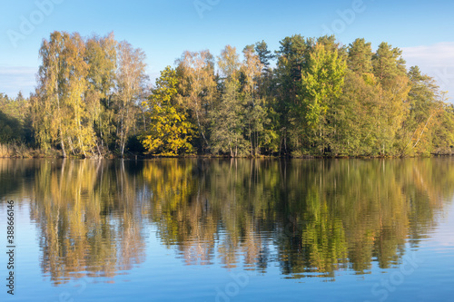 Nature rural pond water in autumn landscape Beautiful lake in the background of colorful forest. Romantic place for holidays. Romantic reflection. 