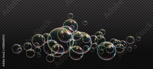 Bath foam soap with neon bubbles isolated vector illustration on transparent background. Colorful cloud of blowing bubbles and soapy foam.