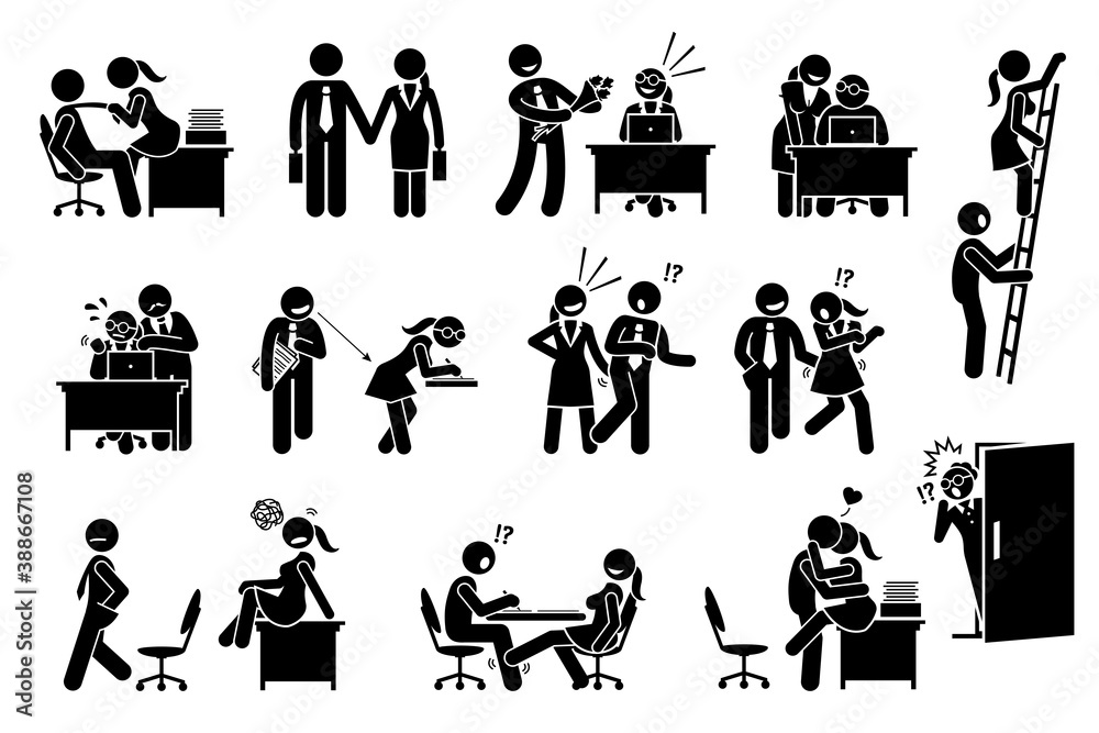 Office love affair and flirting relationship between co workers. Vector illustration of company employee seducing other colleague and sexual harassment in workplace. Office love affair and flirting relationship between co workers. Vector illustration of company employee seducing other colleague and sexual harassment in workplace.
