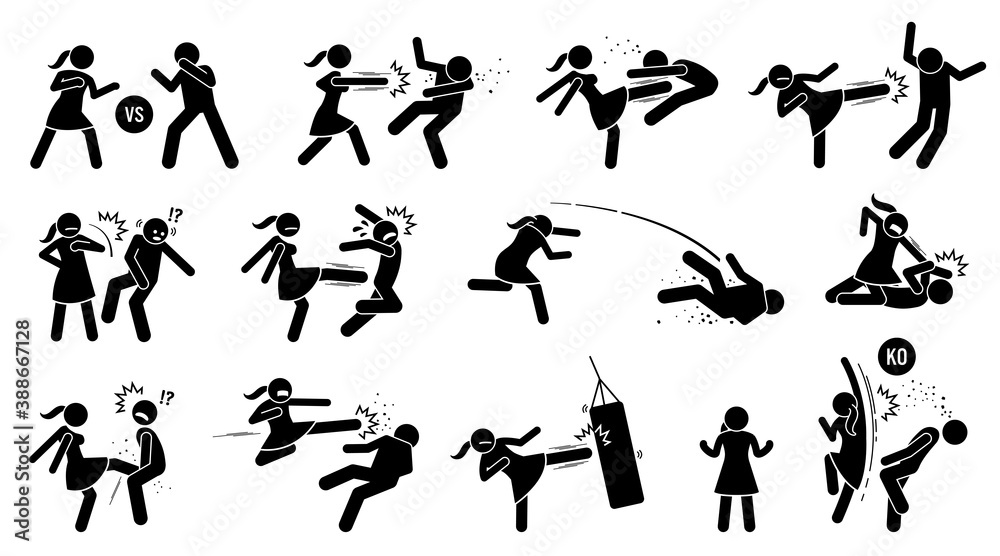 Woman beating man stick figure sign and symbols. Vector illustration of female versus male fighting by punching, kicking, slapping, throwing, and uppercut. The girl is strong and winning the fight.