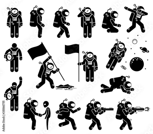 Astronaut or spaceman character set stick figure. Vector illustration of astronaut with different poses and actions. The spaceman meet alien, putting a flag, and a space trooper shooting with a gun.