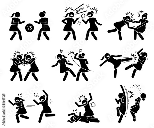 Girls fighting in a cat fight stick figure. Vector illustrations of woman or female arguing, punching, kicking, and slapping in catfight. photo