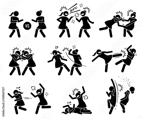 Girls fighting in a cat fight stick figure. Vector illustrations of woman or female arguing, punching, kicking, and slapping in catfight.