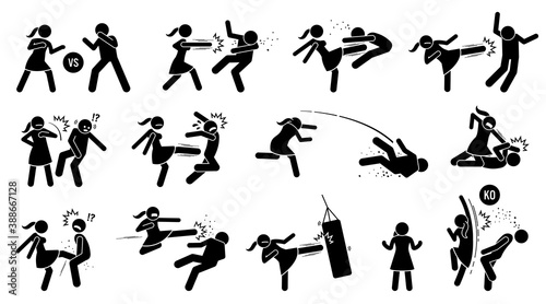 Woman beating man stick figure sign and symbols. Vector illustration of female versus male fighting by punching, kicking, slapping, throwing, and uppercut. The girl is strong and winning the fight. photo