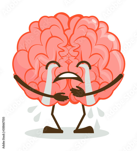 Sad suffering sick crying brain emoticon isolated on white