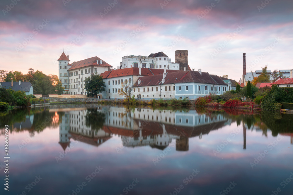 Jindrichuv Hradec Castle by night. Reflection in the water. Czech Republic.
Most popular place in town. Calm water on pond.