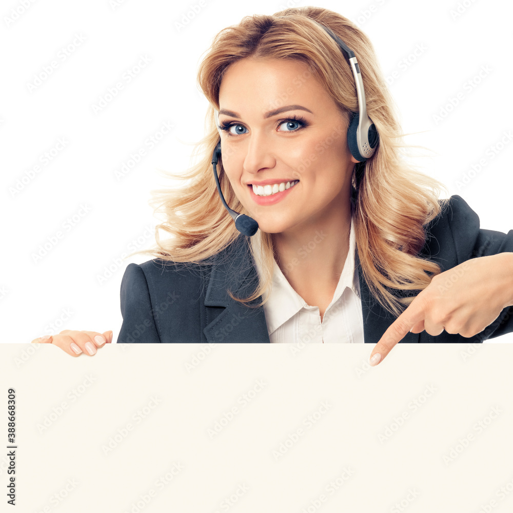 Call center. Customer support service phone operator or sales agent in headset, grey confident suit pointing at signboard with copy space for text, isolated over white background. Square composition. Call center. Customer support service phone operator or sales agent in headset, grey confident suit pointing at signboard with copy space for text, isolated over white background. Square composition.