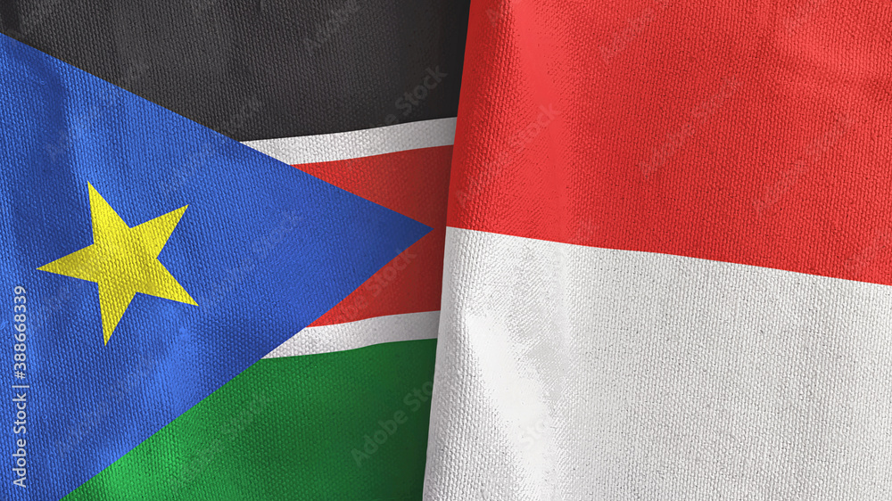 Indonesia and South Sudan two flags textile cloth 3D rendering