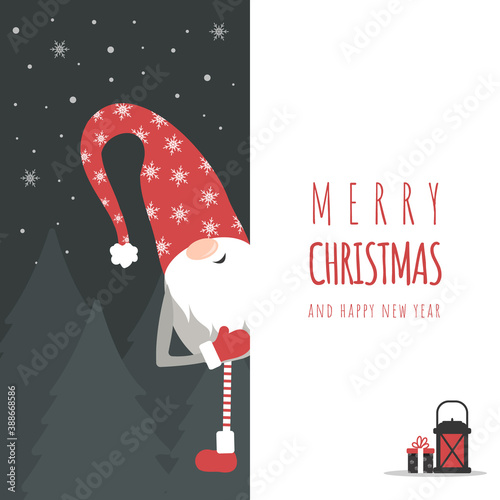 Christmas gnome with big signboard. Holiday greeting card. Cute little elf in red santa hat. Vector illustration in flat style. New year design for banner, social media poster and website.