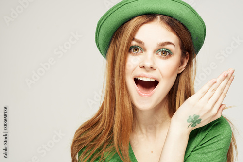 holiday Saint Patrick's Day shamrock girl fun Green clothing light background