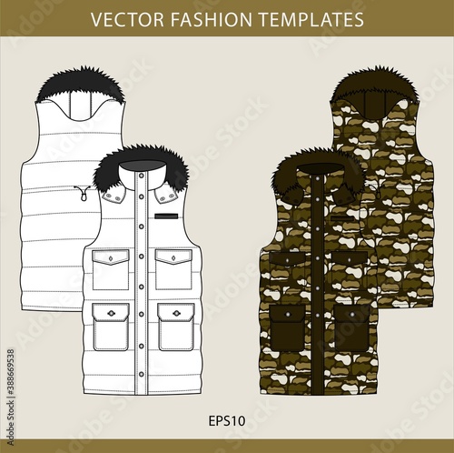 army sleeveless jacket.  vest fashion illustration. winter jacket