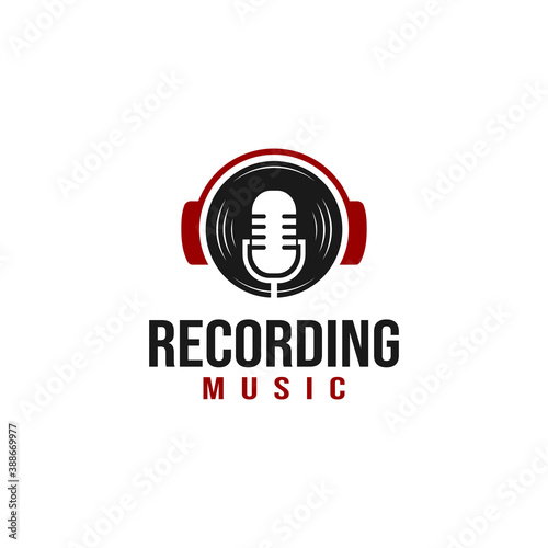 Music Recording Company Logo with Vinyl, Microphone, and Headphone Combination
