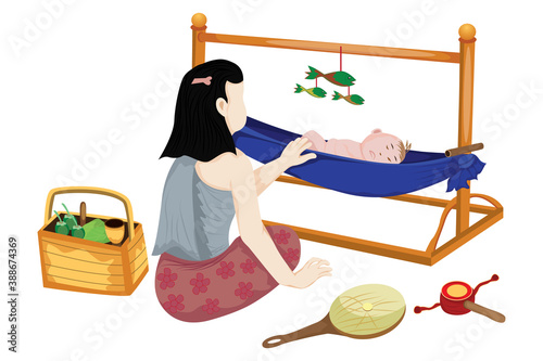 Mother seduces the child in the crib vector design