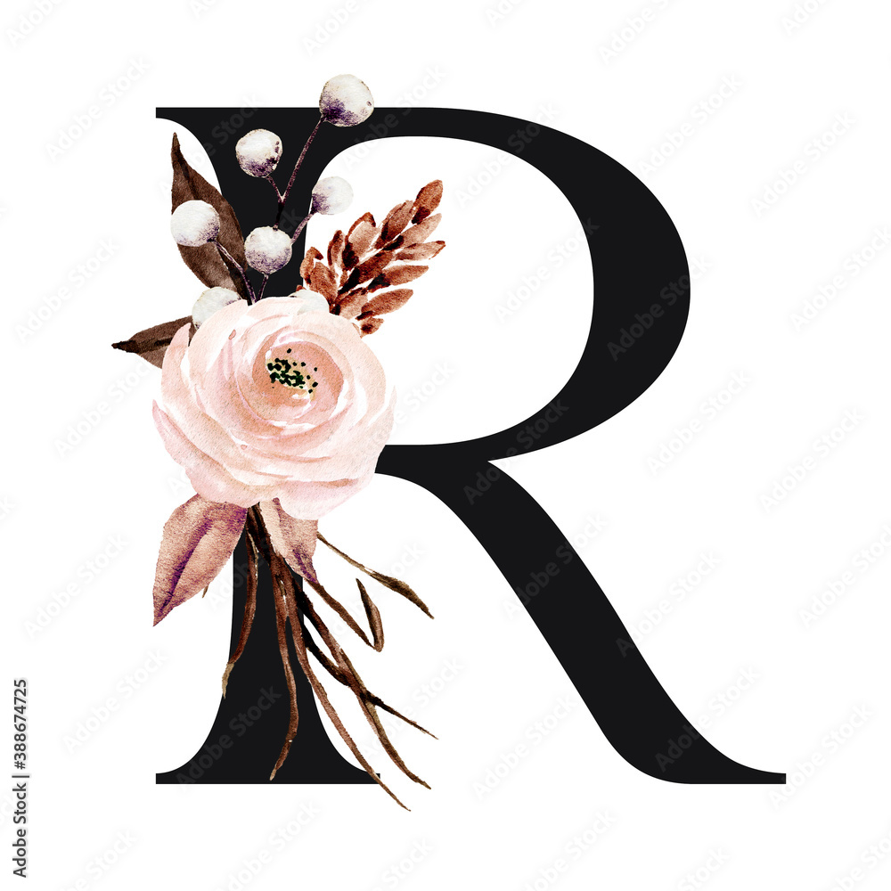 Letter r, floral letterhead, alphabet with watercolor flowers and leaf ...