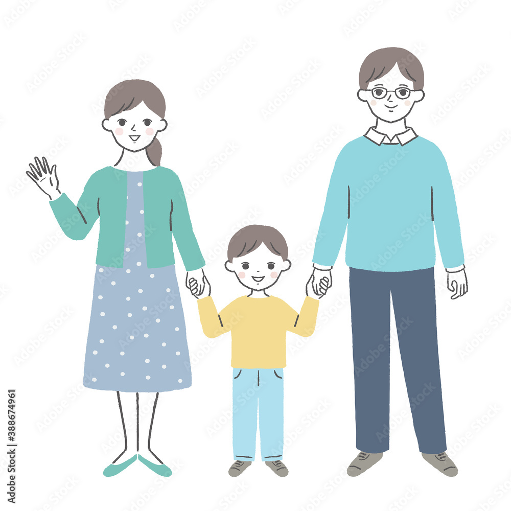 笑顔で手を繋ぐ3人家族