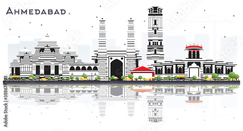 Ahmedabad India City Skyline with Color Buildings and Reflections Isolated on White.