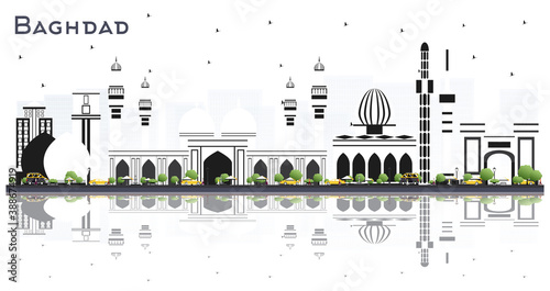 Baghdad Iraq City Skyline with Color Buildings and Reflections Isolated on White.