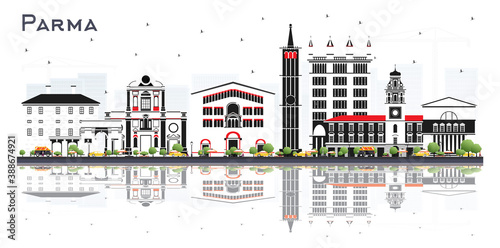 Parma Italy City Skyline with Color Buildings and Reflections Isolated on White.