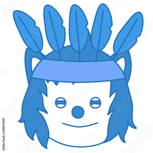 happy native american wearing an ethnic feathered war bonnet or warbonnet, simplistic facial expression vector illustration, simple hand drawn wolf emoticon, funny cartoon character