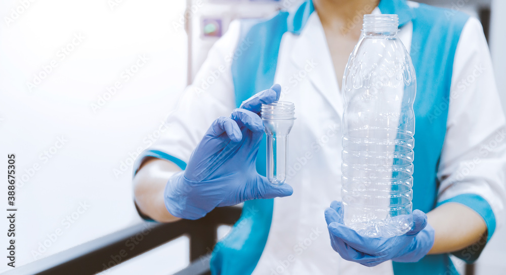 Converting plastic preform blank into pet bottle for drink beverage filling in food industry