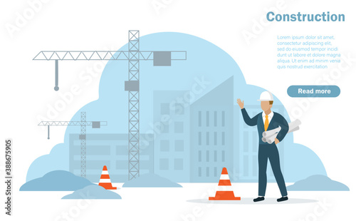 Professional architecture or civil engineering and foreman team holding blueprints discussing project plan at construction site with under construction buildings and industrial cranes background. 