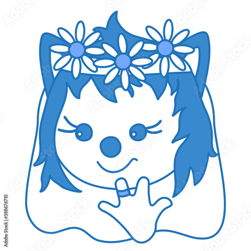 happy smiling just married spouse or wife wearing a veil with flowers and showing her wedding ring on her finger, simplistic expression vector illustration, simple hand drawn cartoon wolf