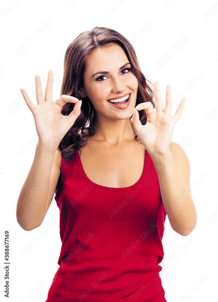 Woman showing okay gesture, on white