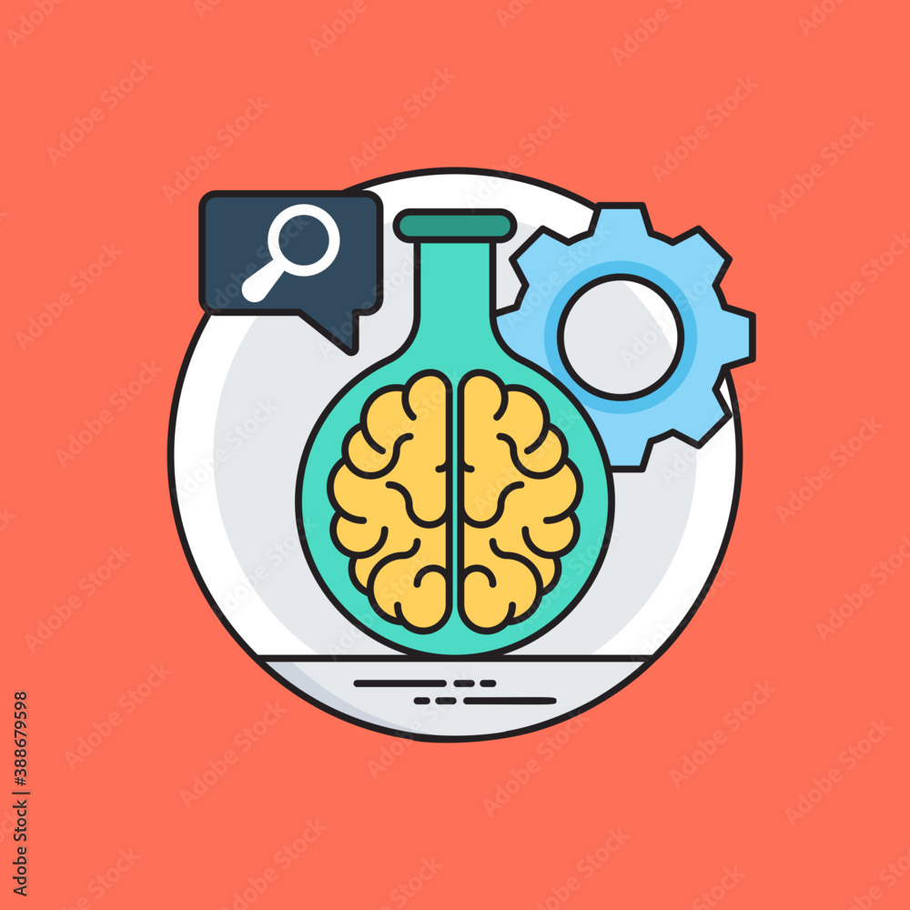 A flask with brain inside, a cogwheel and magnifying glass representing creativity and inspiration
A flask with brain inside, a cogwheel and magnifying glass representing creativity and inspiration
