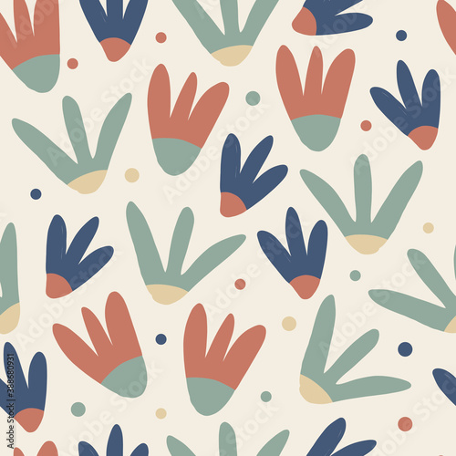 seamless scandinavian style pattern background with cute hand draw multicolur flower with doodle polka dot photo