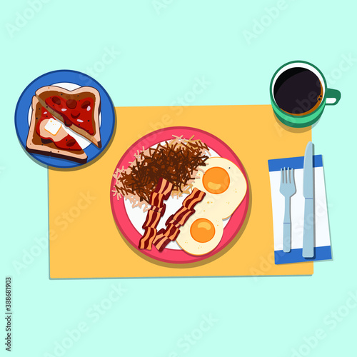 Vector Illustration of American Diner Breakfast with Hashbrowns, Bacon, Eggs, Toast, and Coffee