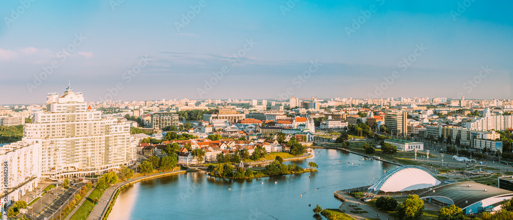 Minsk, Belarus. Elevated View Of Historical Center, Old Town. Minsk Skyline In Sunny Summer Evening. Holy Spirit Cathedral In Nemiga District In Sunset. Aerial View Of Belarusian Capital. Panorama