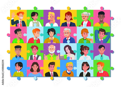 Mix race people faces on puzzle pieces jigsaw. People portraits on colorful puzzle concept. Diversity in harmony on puzzle pieces.