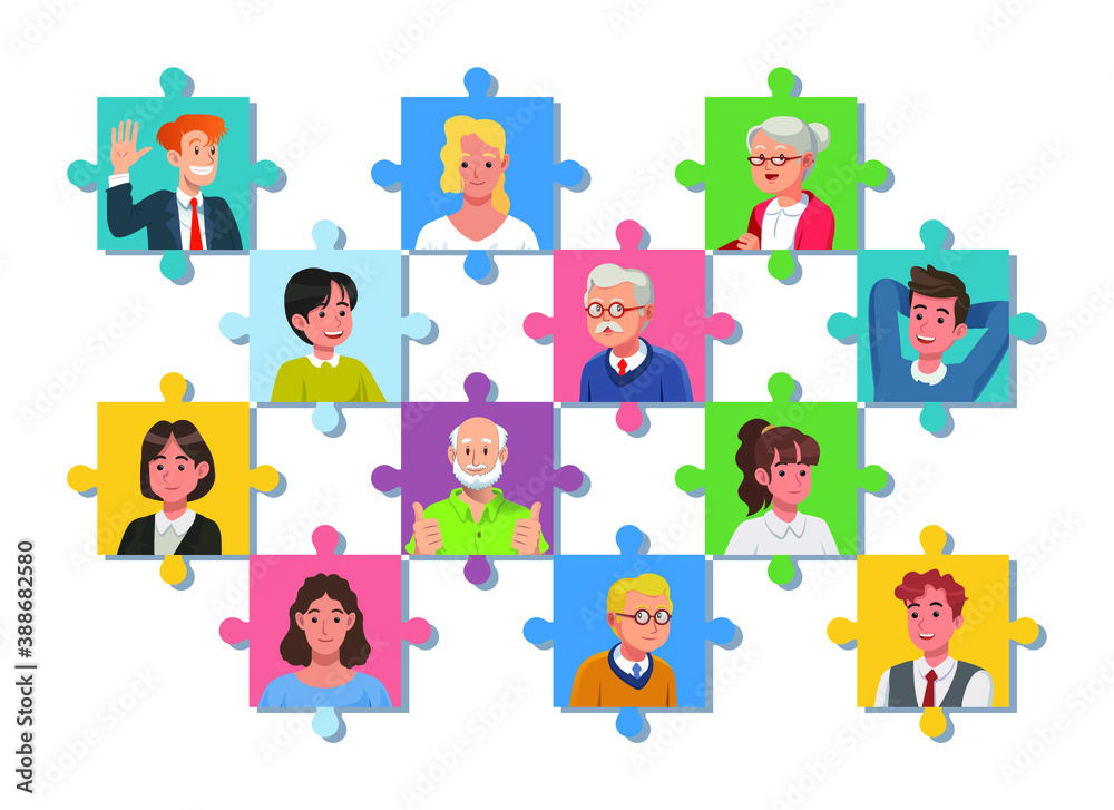 Mix race people faces on puzzle pieces jigsaw with lost pieces. People portraits on colorful puzzle concept.