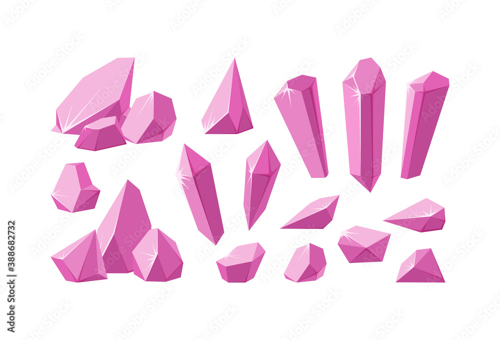 Crystals and pink gemstones. Set of ruby crystal prisms and pieces with sparkling facets. Amethyst gems of various shapes. Vector illustration in cartoon style