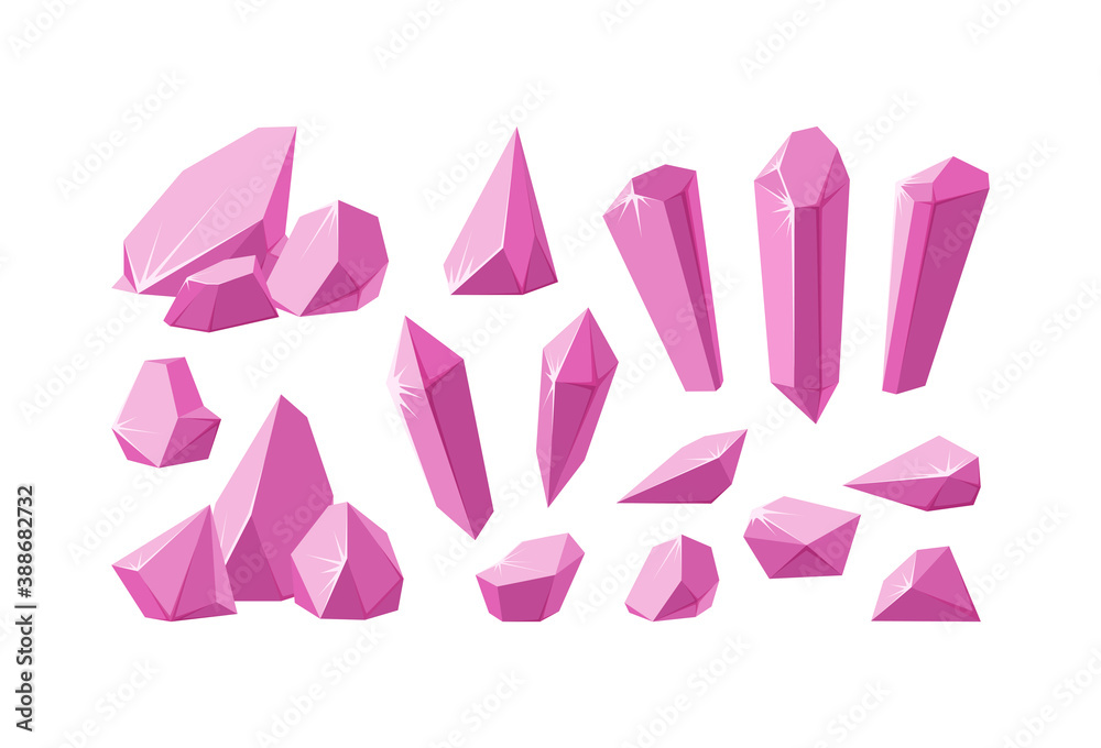 Crystals and pink gemstones. Set of ruby crystal prisms and pieces with sparkling facets. Amethyst gems of various shapes. Vector illustration in cartoon style Crystals and pink gemstones. Set of ruby crystal prisms and pieces with sparkling facets. Amethyst gems of various shapes. Vector illustration in cartoon style